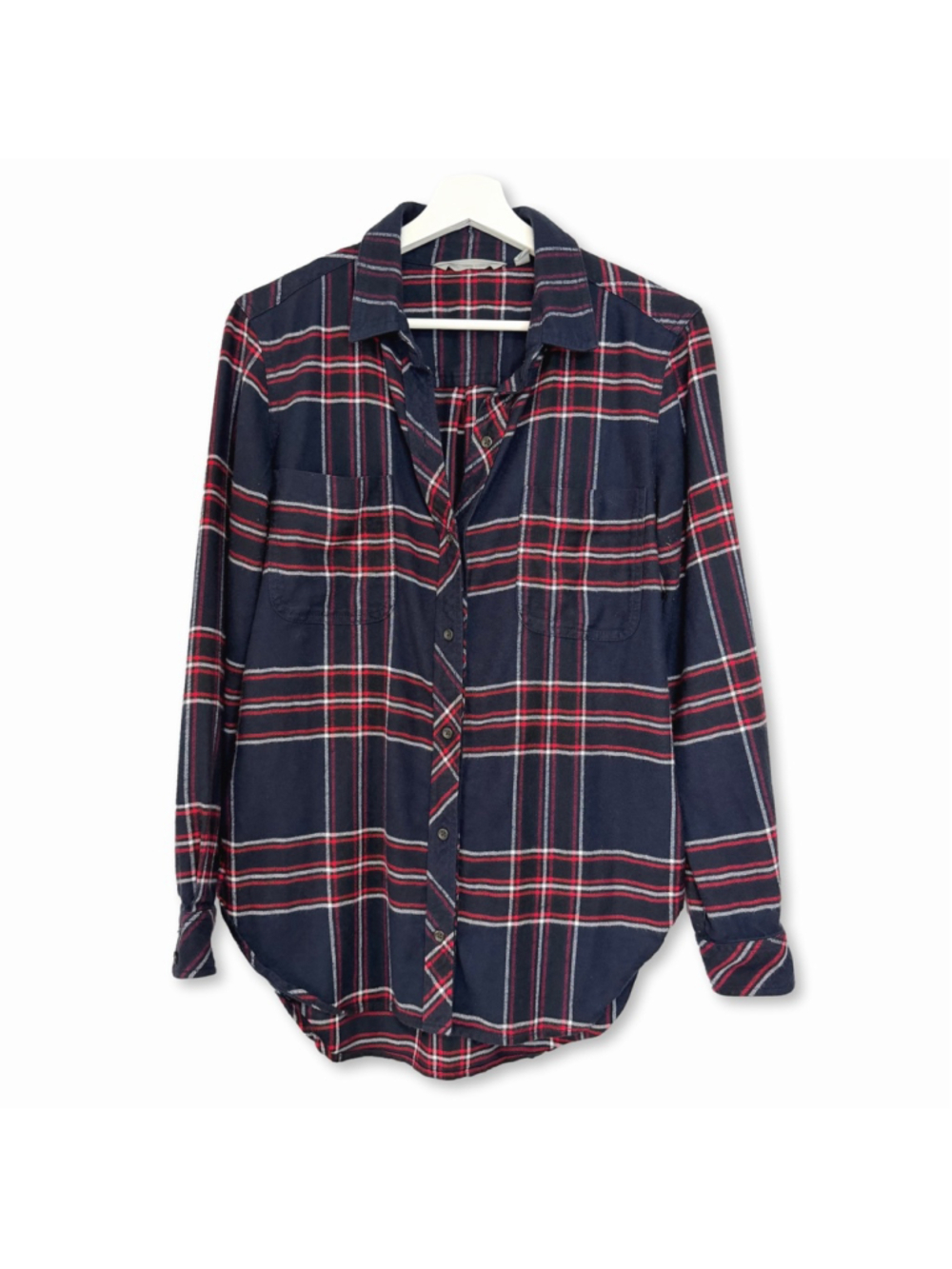 Athleta Lumberjill Flannel Plaid Button Down Shirt Size XS Navy Red
